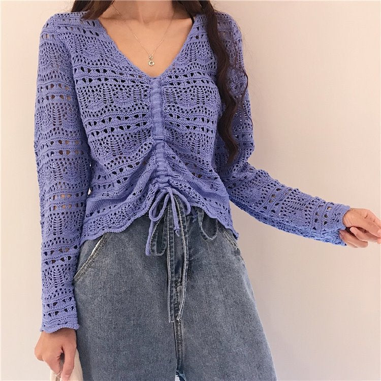 Street-wave Women's Airy Eyelet Knit Cardigan With Drawstring Lightweight Elegant Knitwear