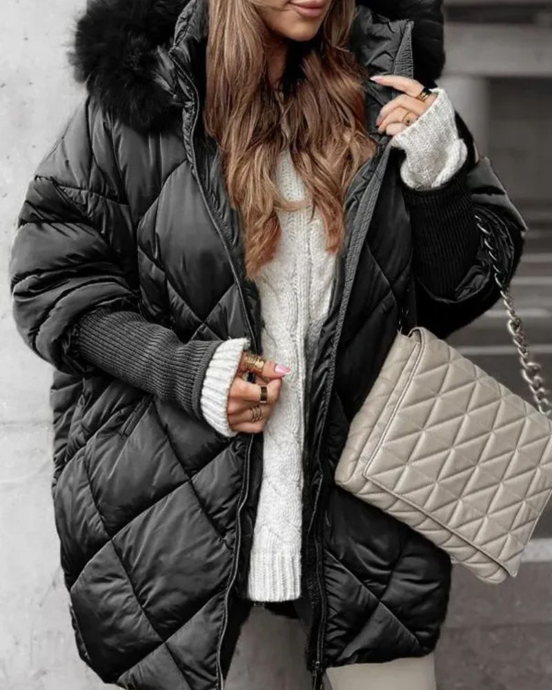 Street-Wave Womens Quilted Puffer Jacket With Hood Fur Trim For Warm Cozy Winter Style
