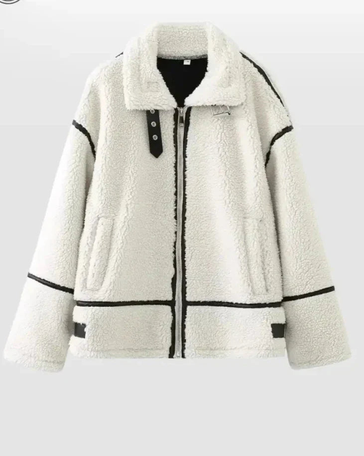 Street-Wave Teddy Fleece Jacket Oversized Cozy Warmth With Contrast Stitching For Streetwear Fans