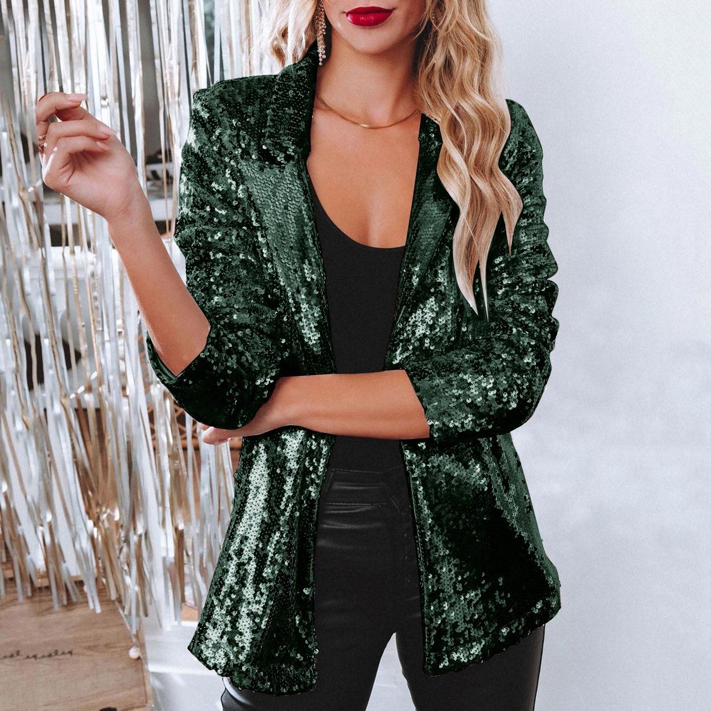 Street-wave Sequin Blazer for Women Sparkling Silver Glitter Shine Party Ready for Events