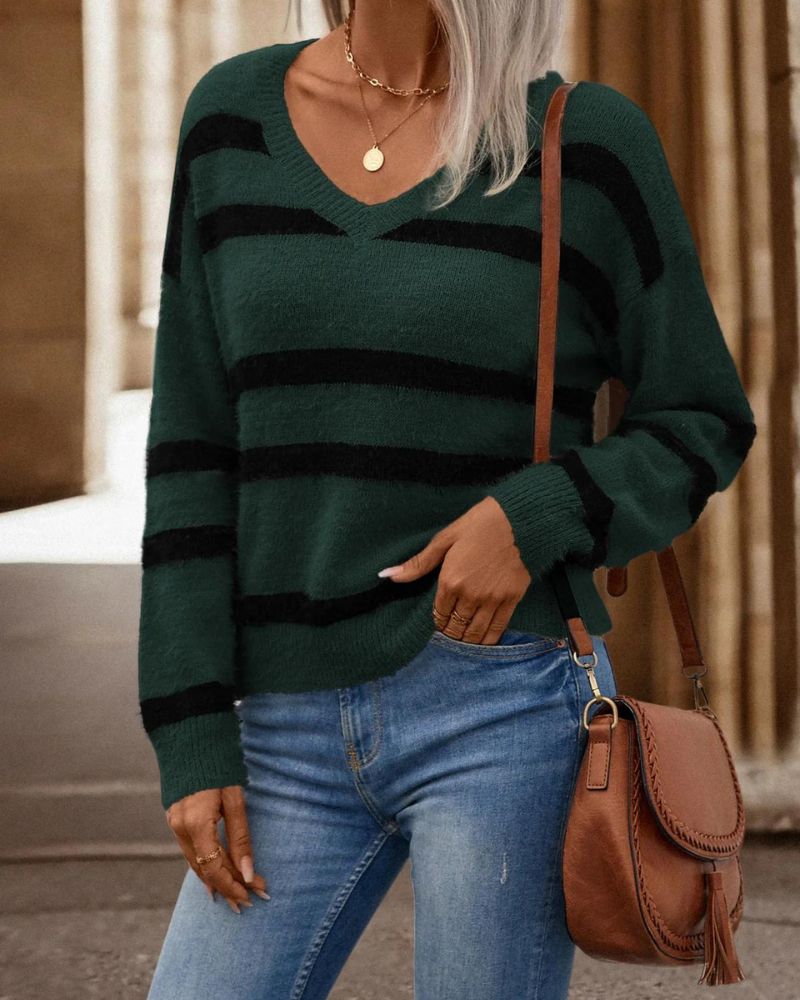 Street Wave Drop Shoulder Striped Sweater For Women Cozy Fleece Knit Casual Chic