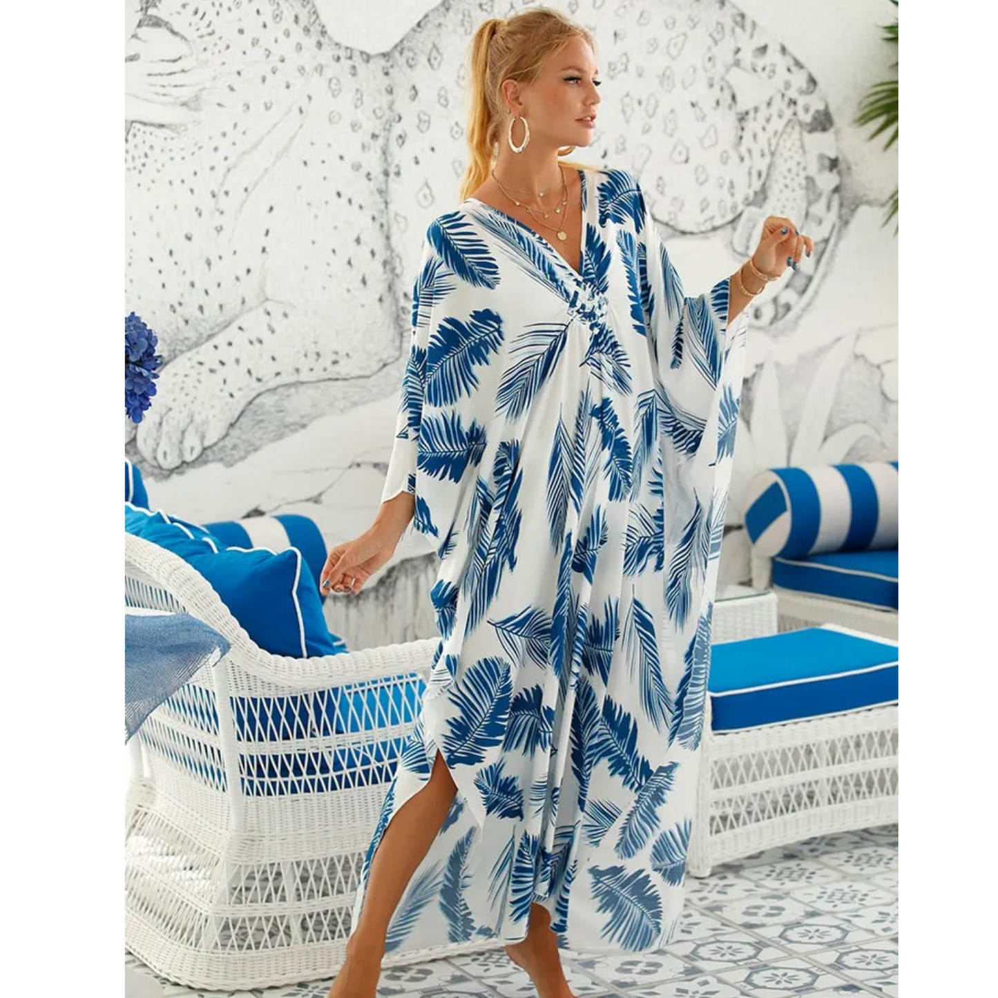 Street Wave Womens Kaftan Light and Airy Loose Fit V Neck Beach Cover Up