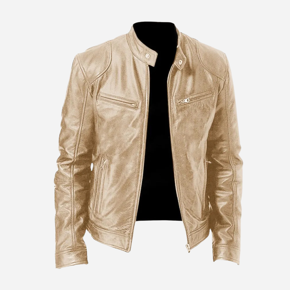 Mens Genuine Leather Biker Jacket Slim Fit With Snap Tab Collar And Zipper Closure
