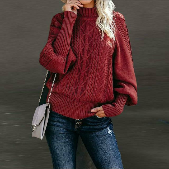 Street-Wave Cable Knit Sweater For Women Cozy Classic Pullover With Round Neck Orange