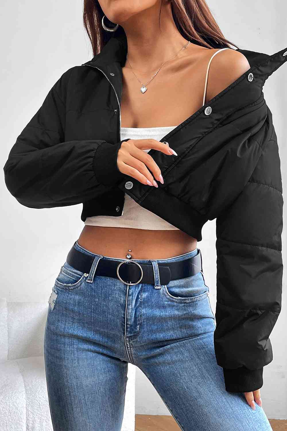 Street-Wave Women Puffer Jacket Cropped Warm Coat With Snap And Zipper Closure For Winter Weather