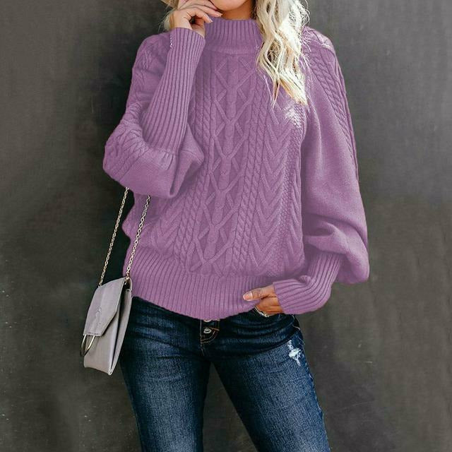 Street-Wave Cable Knit Sweater For Women Cozy Classic Pullover With Round Neck Orange