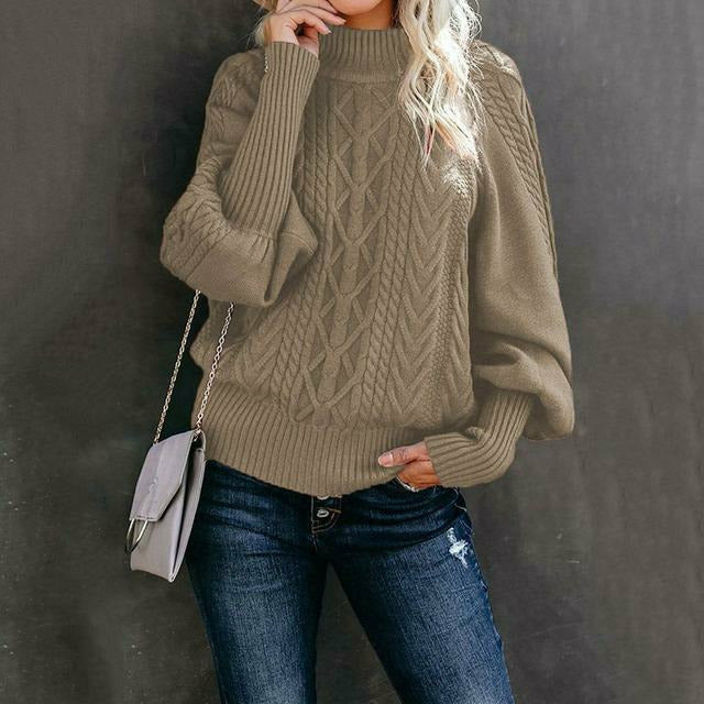 Street-Wave Cable Knit Sweater For Women Cozy Classic Pullover With Round Neck Orange