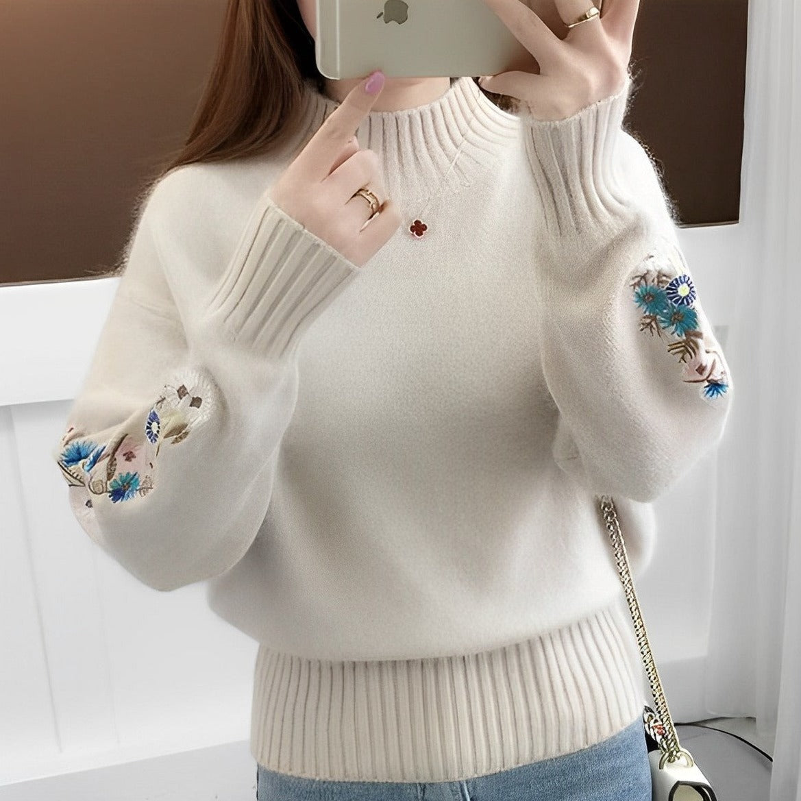 Maureen Knit Pullover With Embroidered Sleeves For Women Oversized Rollneck Warm Soft Knit Streetwave