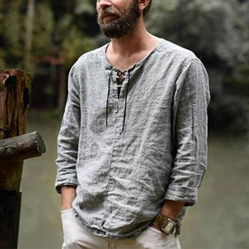 Street-Wave Men's Casual Linen Shirt With Decorative Lace-Up Closure For Everyday Style And Comfort