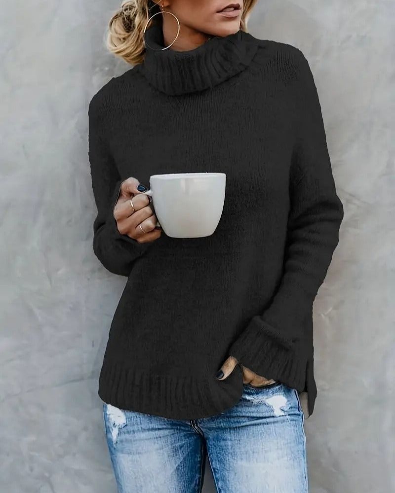 Street-Wave Cozy Slit-Sleeve Turtleneck Sweater For Women Soft Warm Knit Pullover