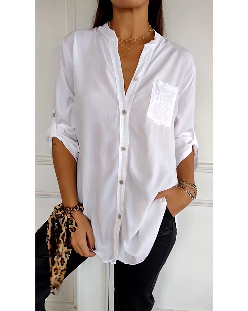 Street-wave Sequin Blouse For Women, Elegant Glitter Trim Placket And Pocket, Versatile Glam Top