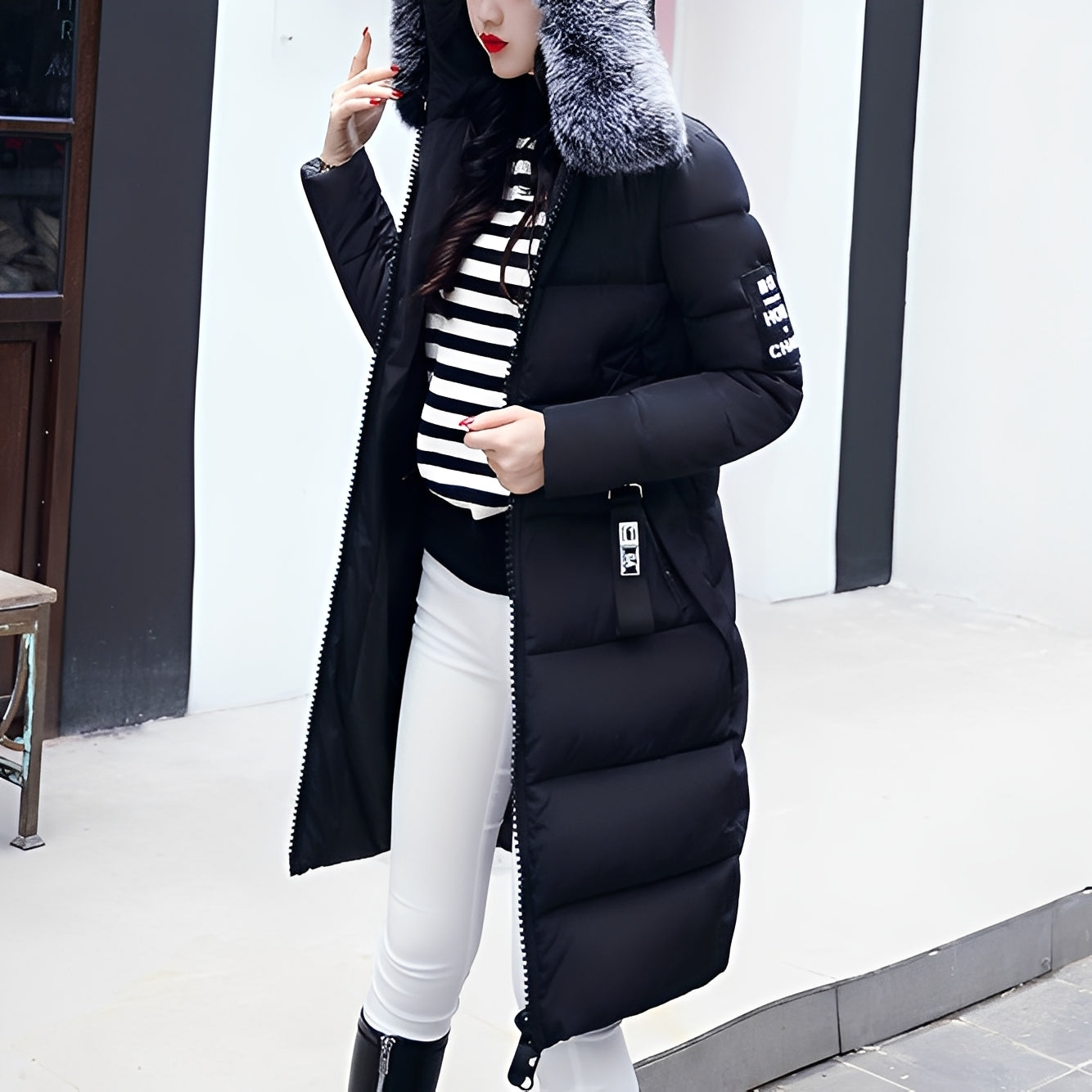 Street-wave Puffer Coat With Fur Collar For Women Elegant Long Winter Coat With Plush Warmth And Slim Silhouette