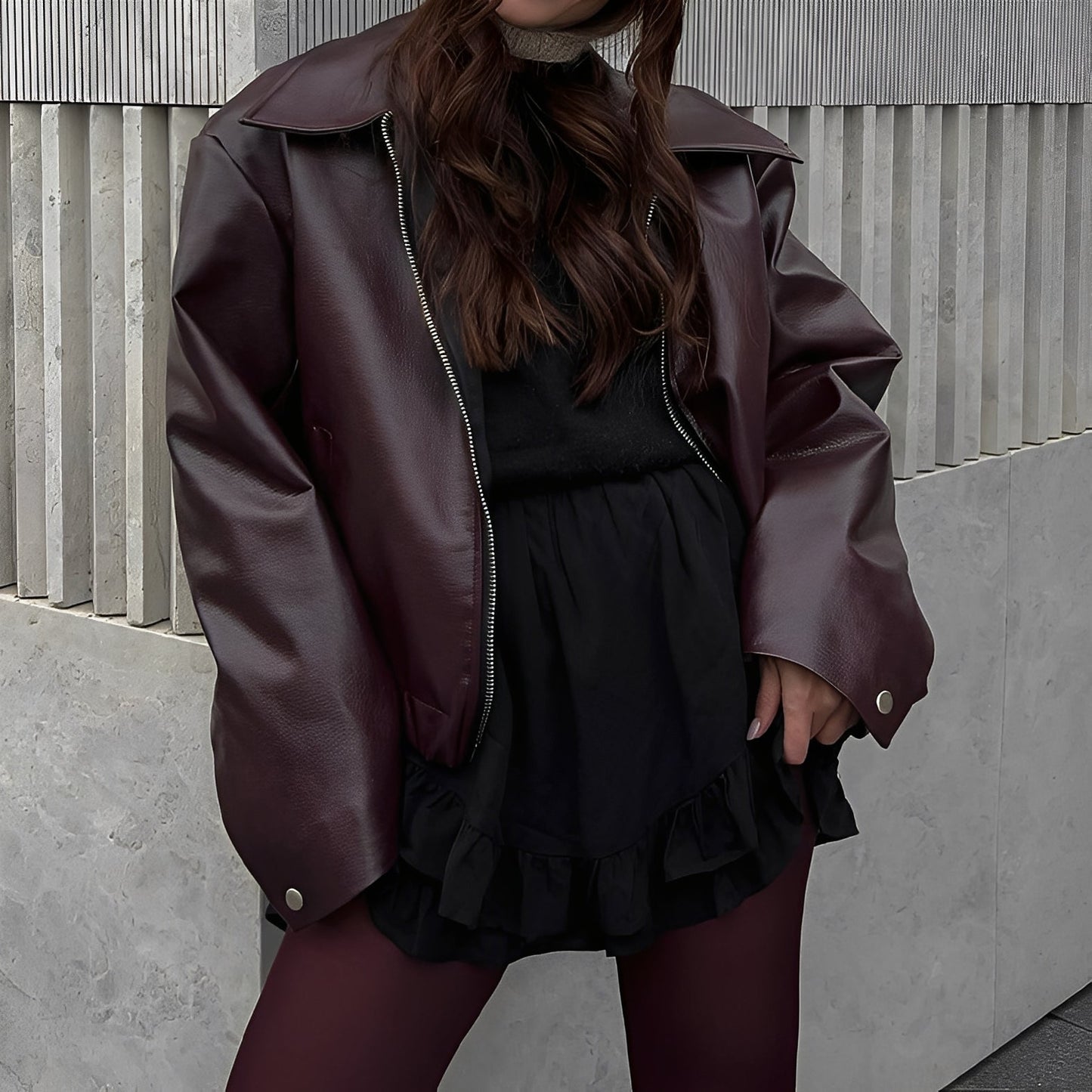 Street-Wave Leather Style Coat For Women With Classic Lapel And Oversized Sleeves