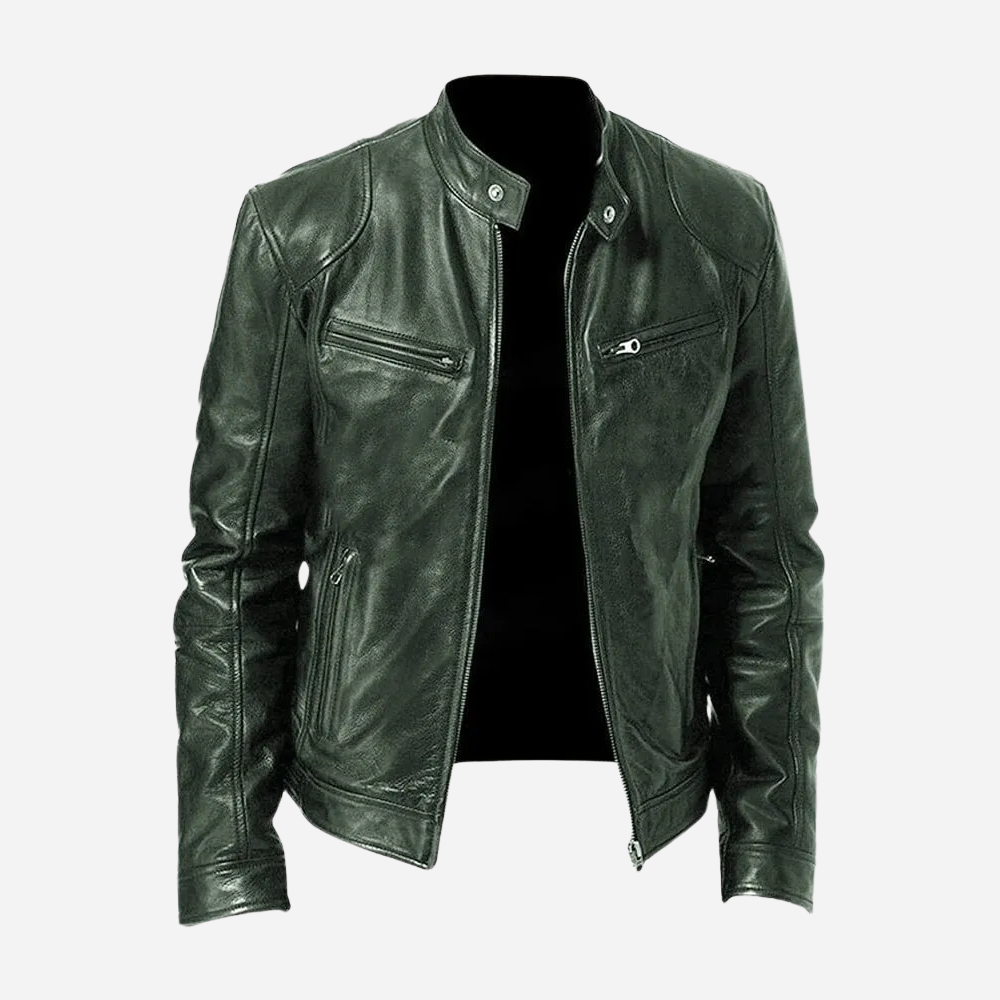 Mens Genuine Leather Biker Jacket Slim Fit With Snap Tab Collar And Zipper Closure