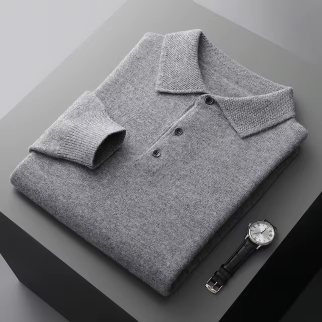 Mens Polo Sweater Merino Wool For Men Standard Fit Classic With Button Closure And Ribbed Edges