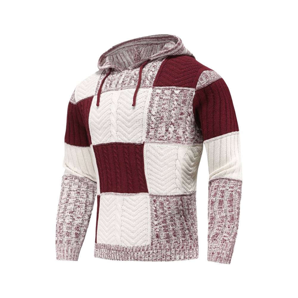 Street-wave Patchwork Knit Hoodie Sweater For Men Warm Adjustable Hood Urban Style