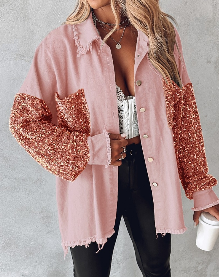 Street Wave Sequin Sleeve Jacket For Women With Contrast Embellished Arms Trendy Statement Outerwear