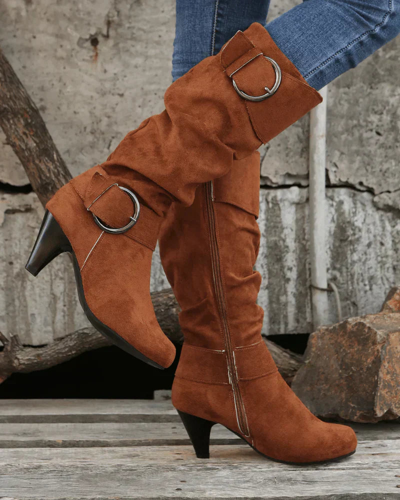 Street-wave Women Suede Knee-High Boots With Buckle Straps For Warm Stylish Winter Look