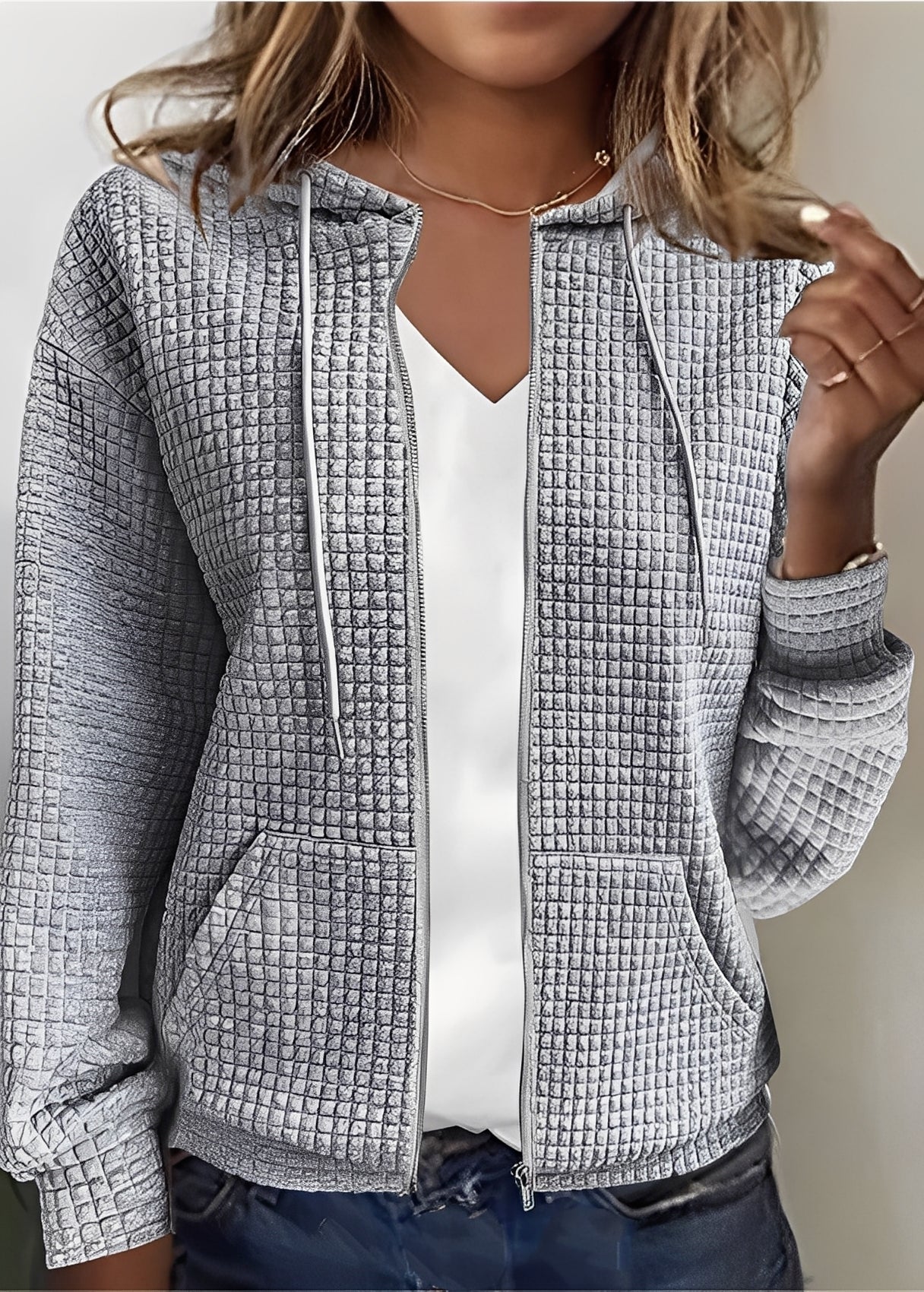 Street-wave Pink Quilted Hooded Cardigan for Women With Pockets Soft Easy Care Cozy Everyday Essential