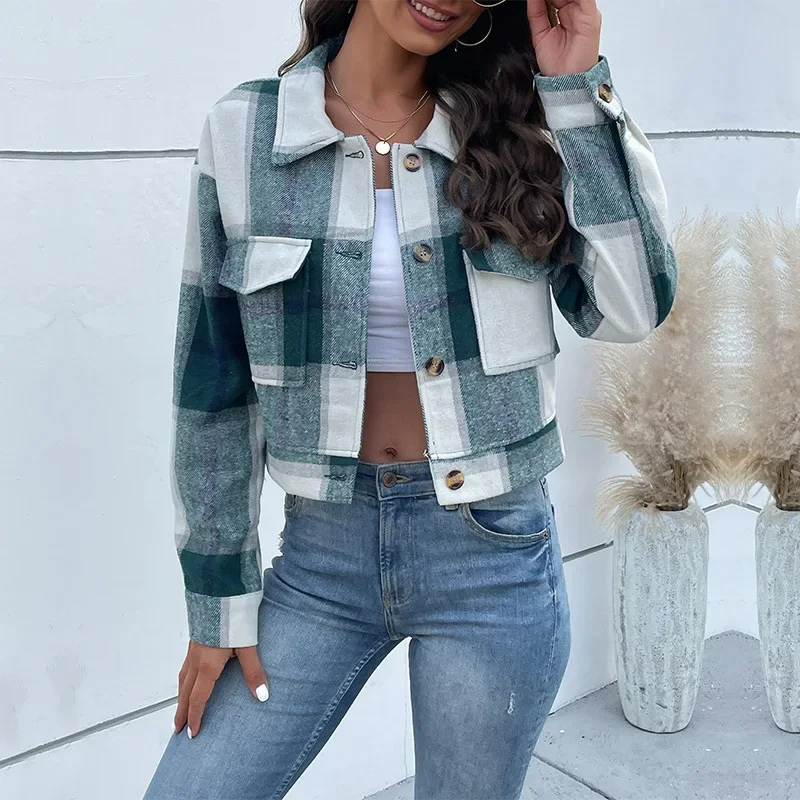Street-wave Pink Plaid Jacket for Women - Cozy Trendy Outerwear With Button Closure