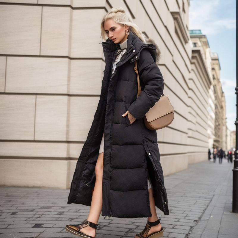Street-Wave Warm Puffer Jacket For Women With Hood Longline Quilted Insulated Winter Coat