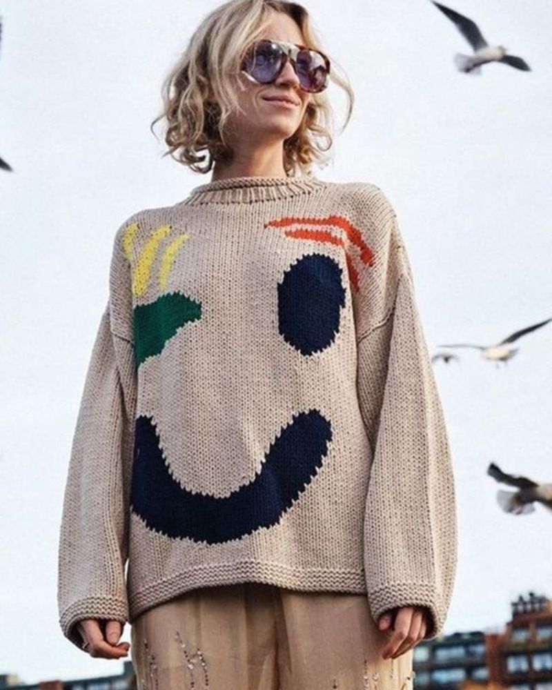 Street-Wave Soul Positive Sweater Cozy Cheerful Navy Knit For Women Bold Smile Pattern