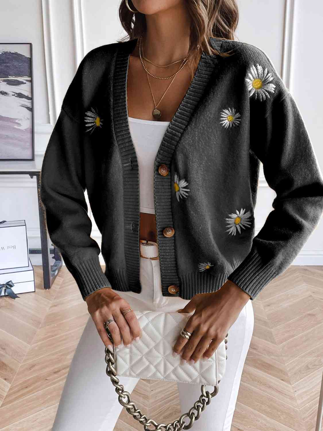 Street-Wave Daisy Embroidered Cardigan For Women Relaxed Fit Cozy Knit With Button Closure