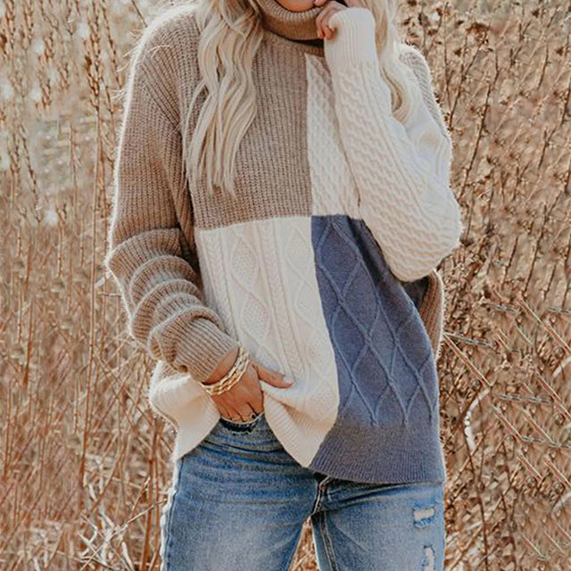 Street-Wave Colorblock Knit Pullover With High Neck Cozy Cotton-Acrylic Blend For Women