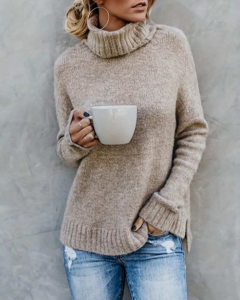 Street-Wave Cozy Slit-Sleeve Turtleneck Sweater For Women Soft Warm Knit Pullover