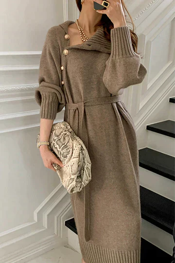 Street-Wave Sweater Dress Retro Turtleneck Button-Tie Waist For Women Warm And Chic
