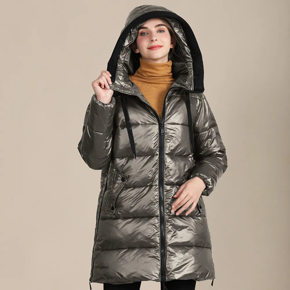 Street-Wave Hooded Puffer Jacket In Glossy Nylon For Women Warm Insulated Winter Coat
