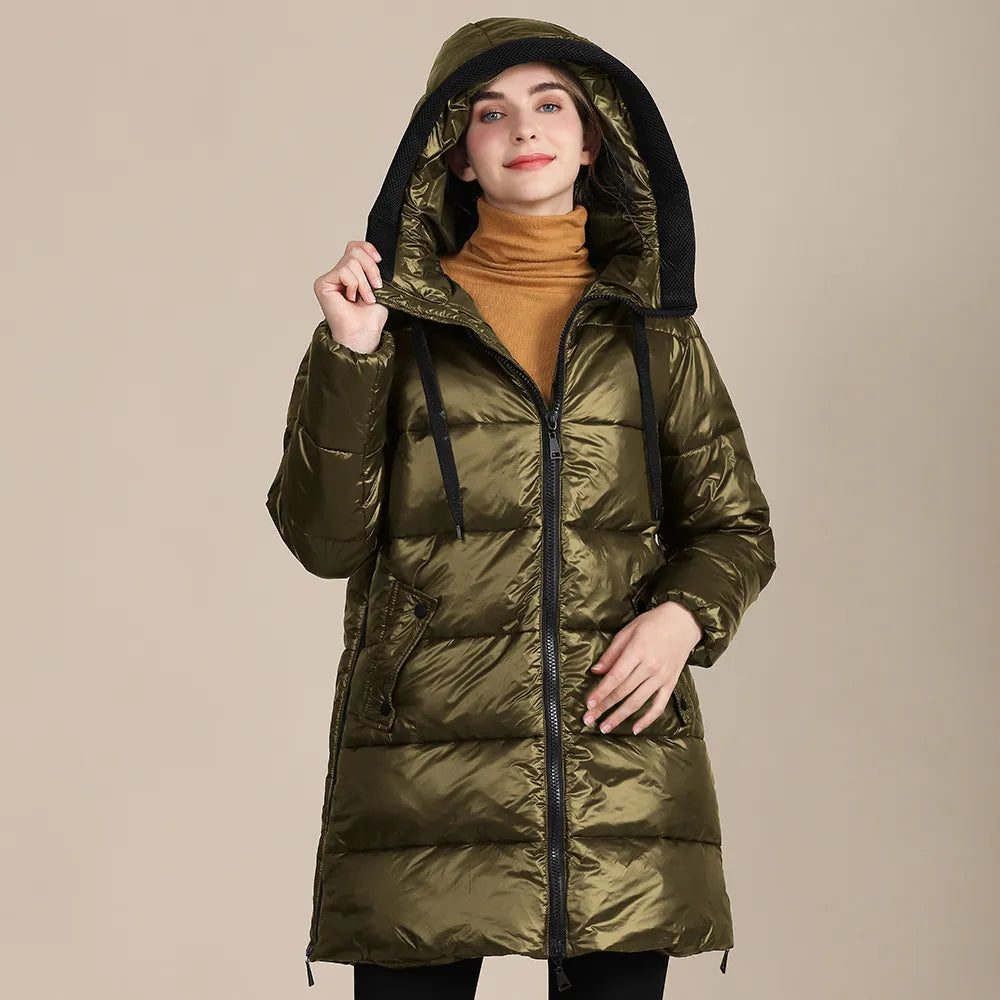 Street-Wave Hooded Puffer Jacket In Glossy Nylon For Women Warm Insulated Winter Coat