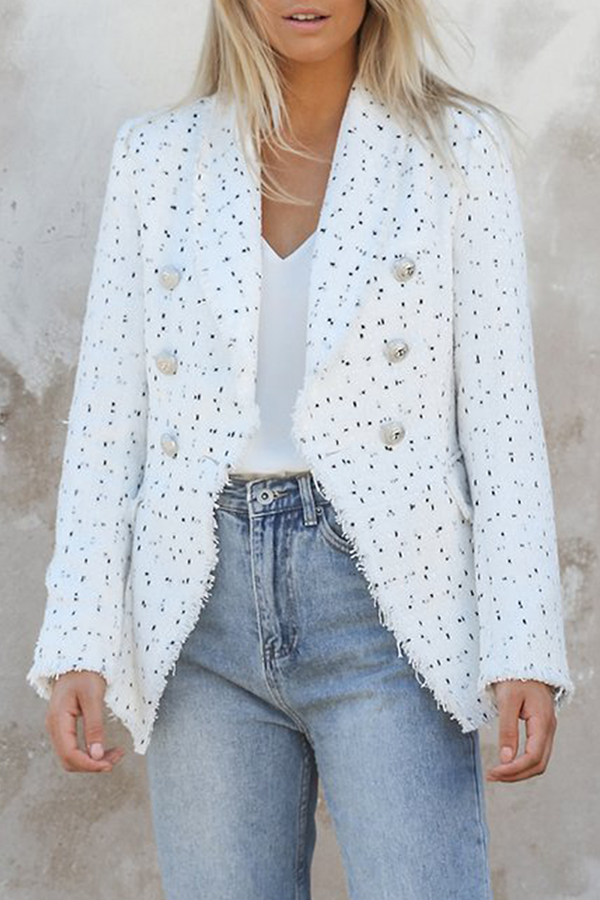 Street Wave White Tweed Blazer for Women Elegant Confidence Boosting Double Breasted Jacket with Fringed Edges