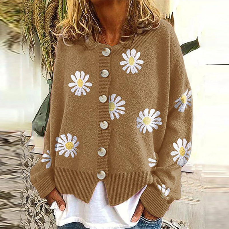 Street-wave Women Daisy Cardigan Cozy Button Down Knit With Orange Floral Pattern For Autumn