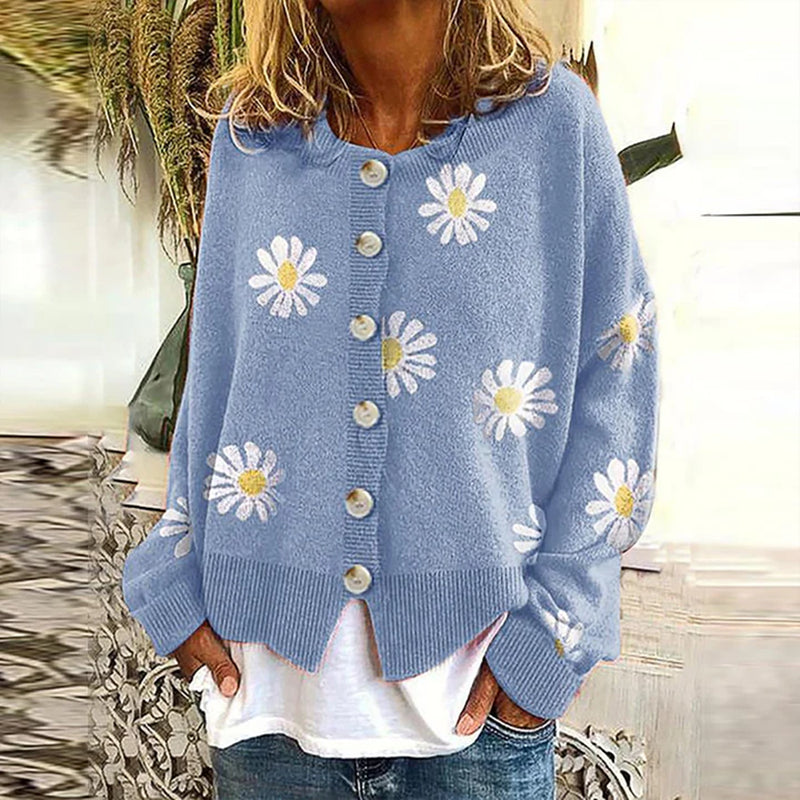 Street-wave Women Daisy Cardigan Cozy Button Down Knit With Orange Floral Pattern For Autumn