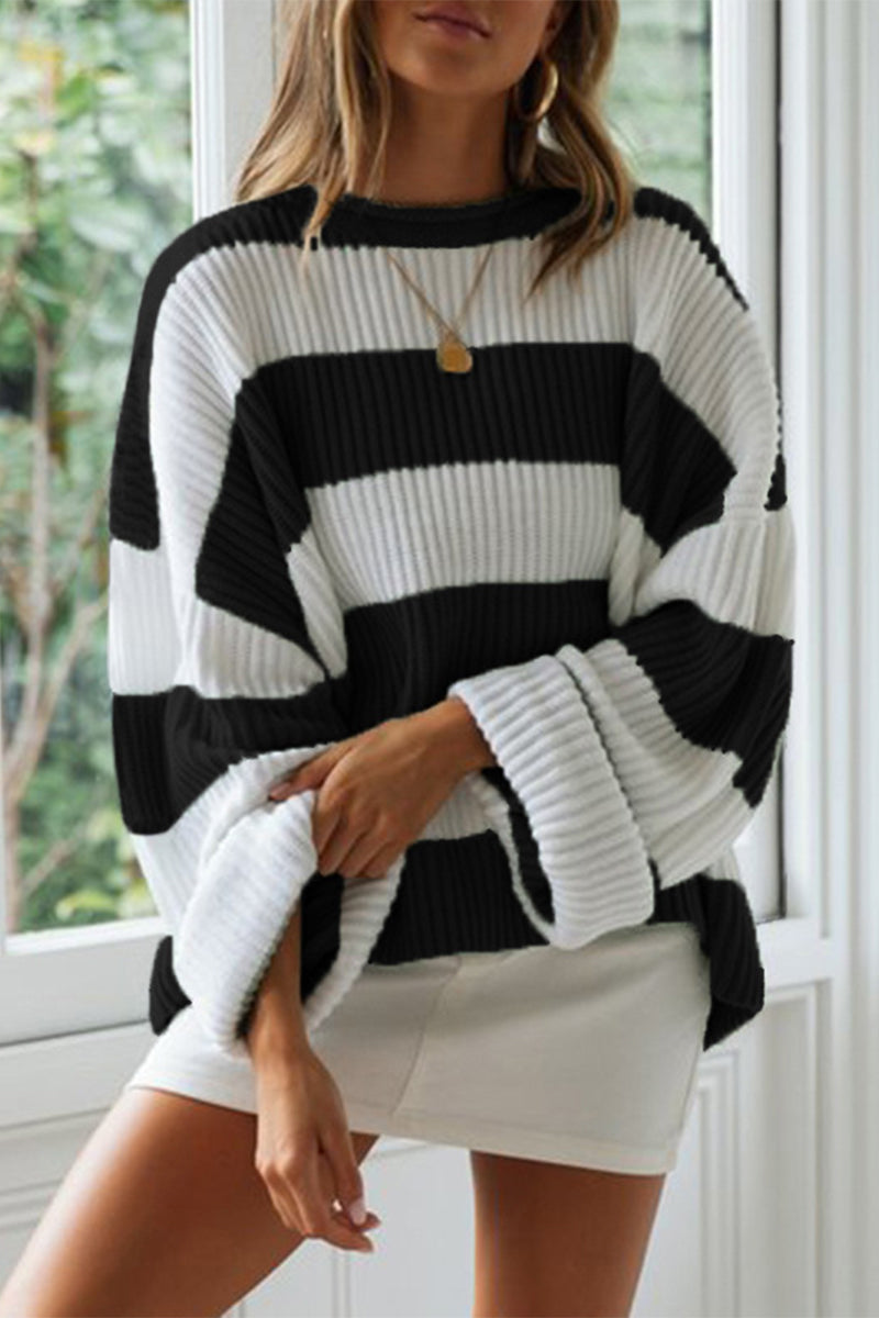 Street-wave Striped Off-Shoulder Knit Sweater For Women, Cozy Oversized Pullover In Green And White