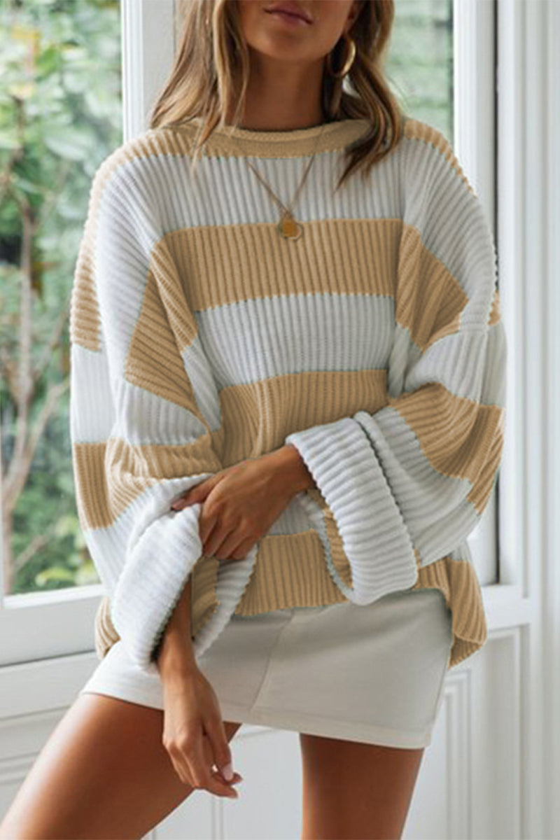 Street-wave Striped Off-Shoulder Knit Sweater For Women, Cozy Oversized Pullover In Green And White