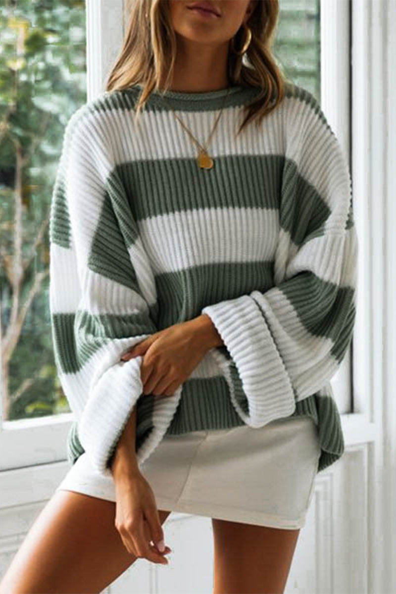 Street-wave Striped Off-Shoulder Knit Sweater For Women, Cozy Oversized Pullover In Green And White