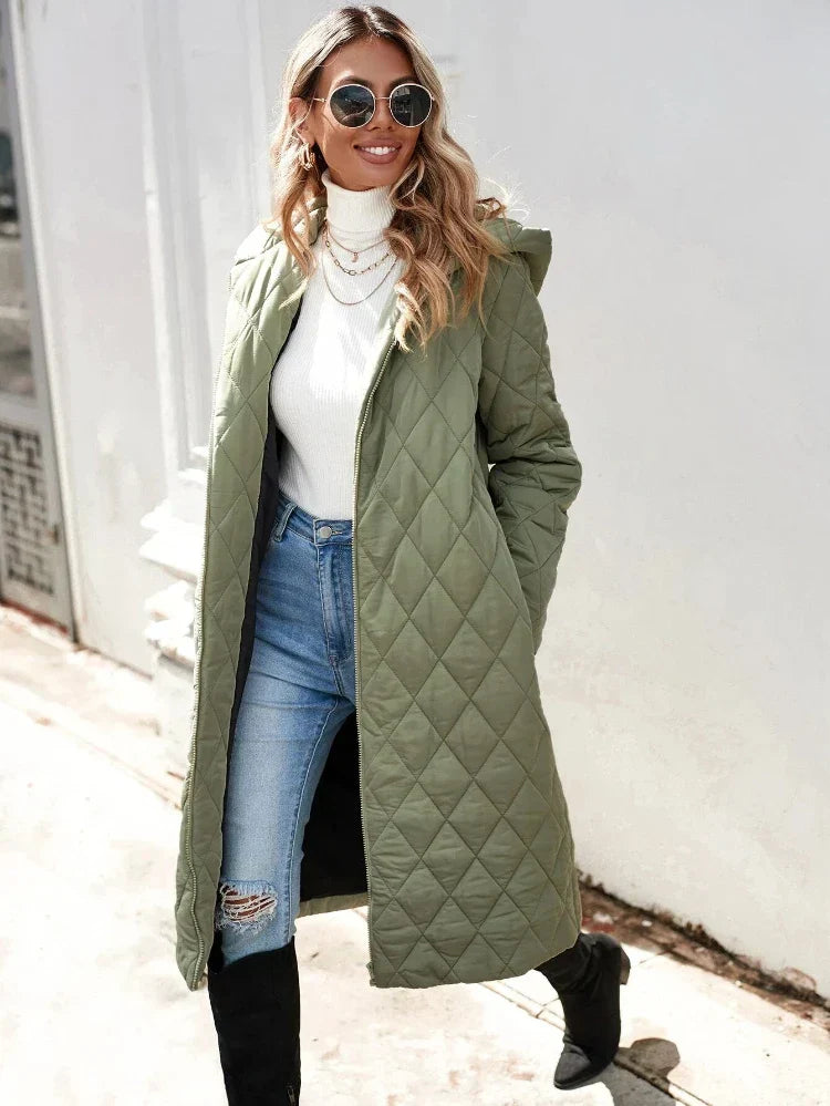 Street-wave Quilted Hooded Down Jacket For Women Lightweight Warmth Long Length Cozy