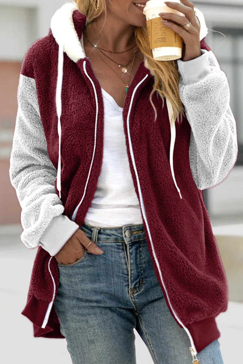 Street Wave Cozy Fleece Jacket For Women Full Zip With Black White Color Block Design Versatile Warmth And Comfortable Fit
