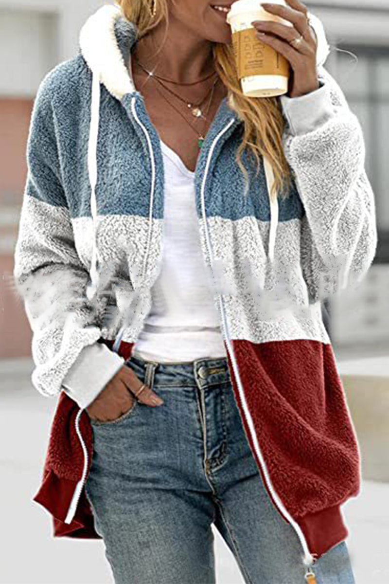 Street Wave Cozy Fleece Jacket For Women Full Zip With Black White Color Block Design Versatile Warmth And Comfortable Fit
