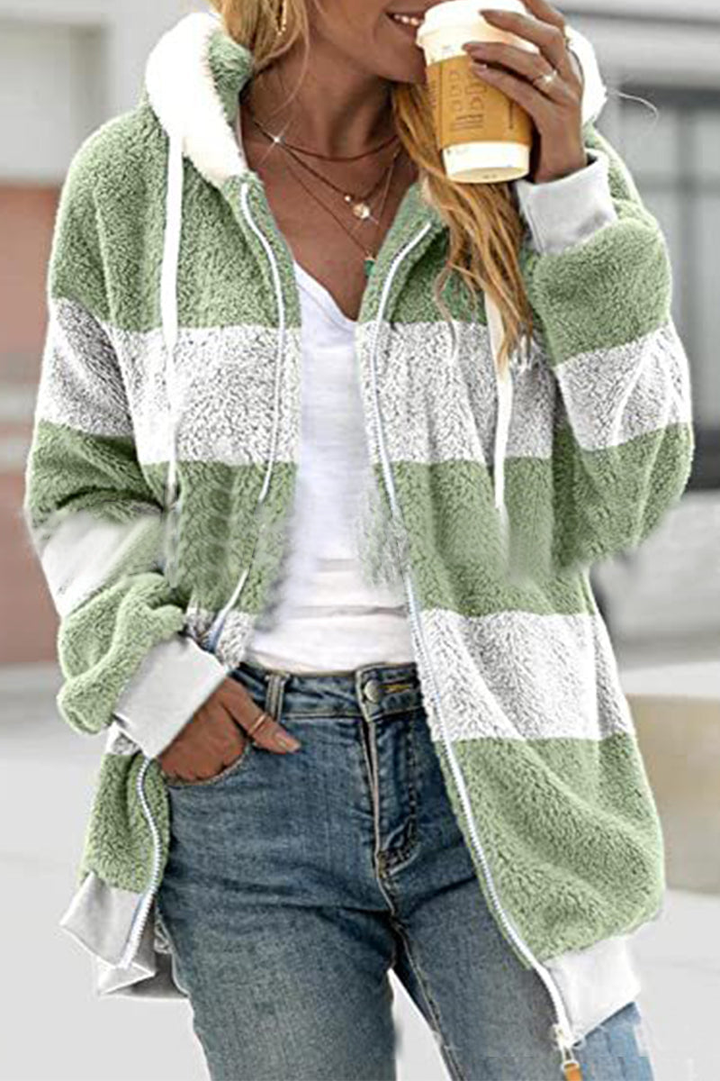 Street Wave Cozy Fleece Jacket For Women Full Zip With Black White Color Block Design Versatile Warmth And Comfortable Fit