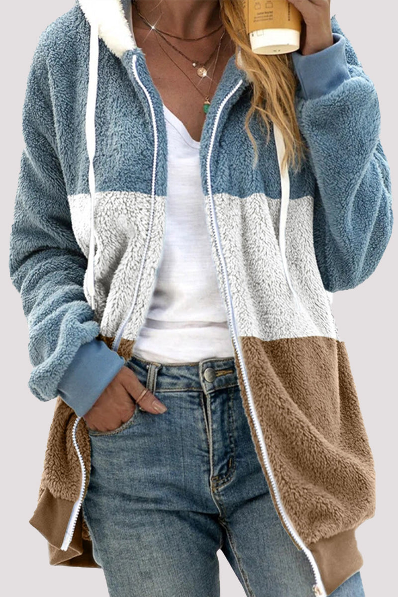 Street Wave Cozy Fleece Jacket For Women Full Zip With Black White Color Block Design Versatile Warmth And Comfortable Fit