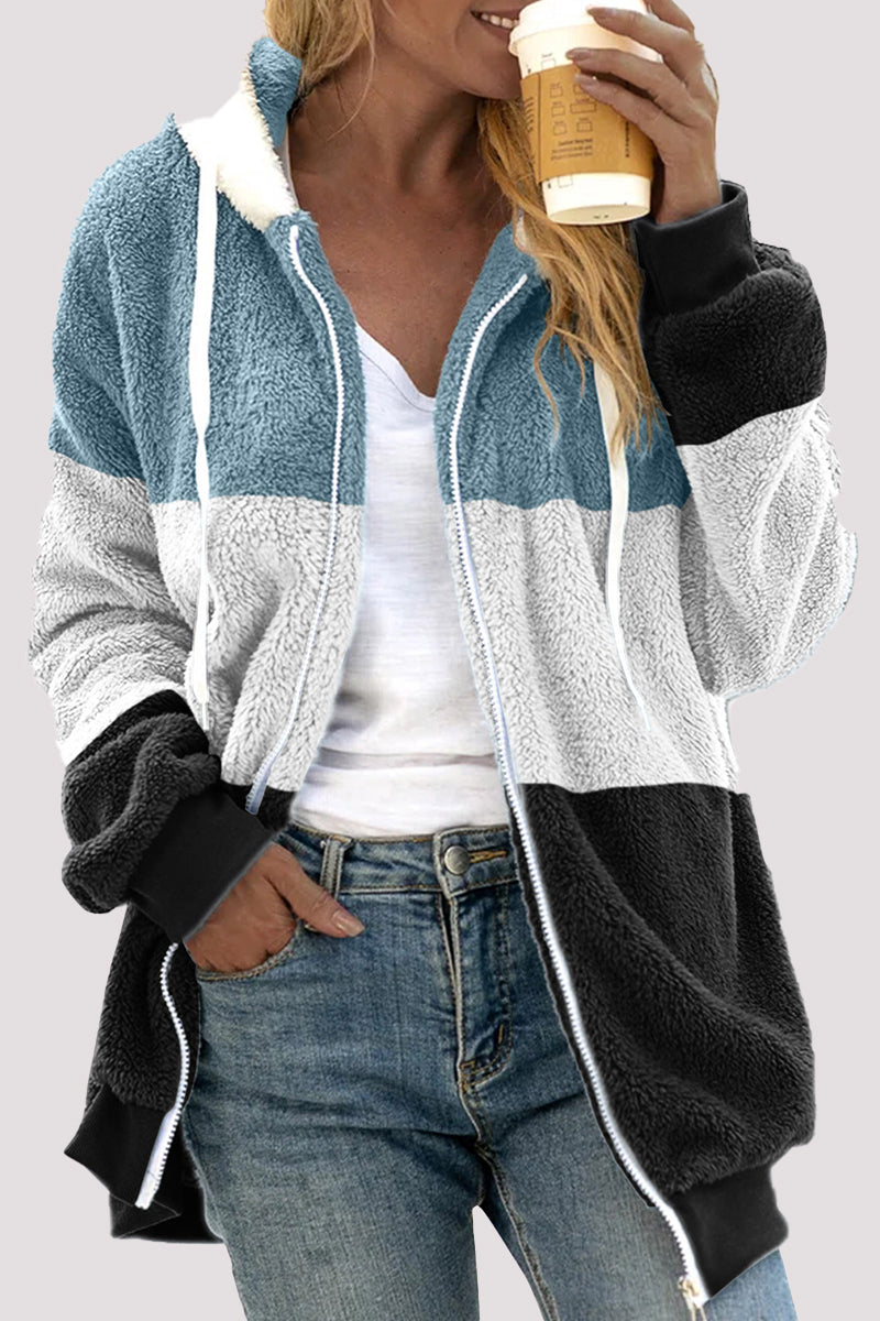 Street Wave Cozy Fleece Jacket For Women Full Zip With Black White Color Block Design Versatile Warmth And Comfortable Fit