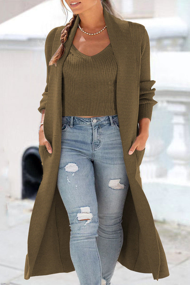 Street-wave Olive Winter Knit Cardigan For Women Cozy Minimalist Chic Coat For Everyday Wear