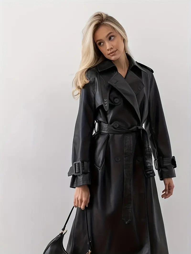 Street-wave Leather Trench Coat With Belt For Women Urban Chic Feminine Silhouette And Sophistication