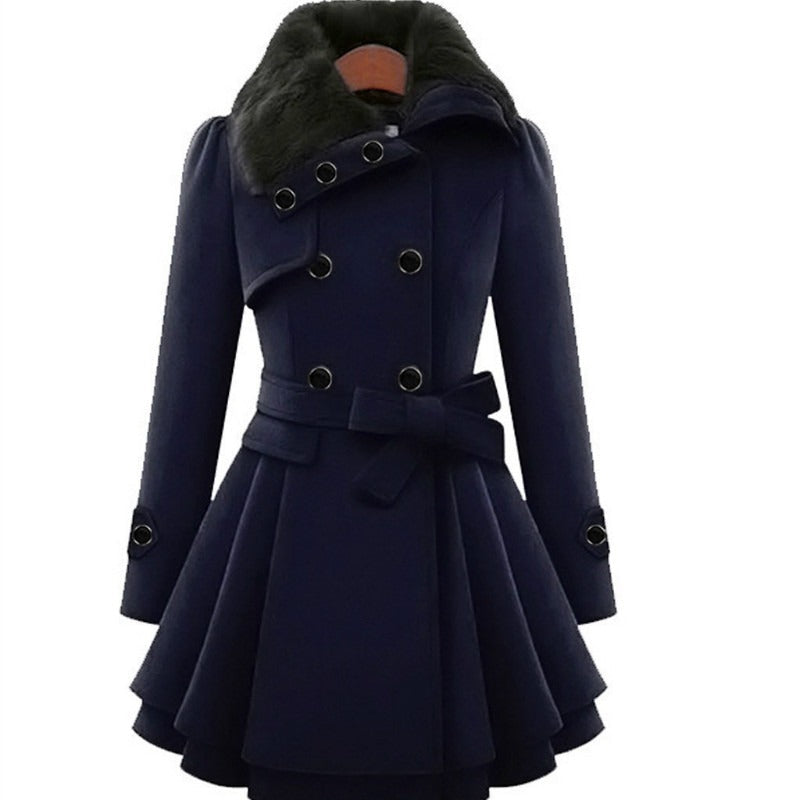 Street-Wave Coat For Women With Fur Collar Belted Waist And Flared Skirt Winter Chic Comfort
