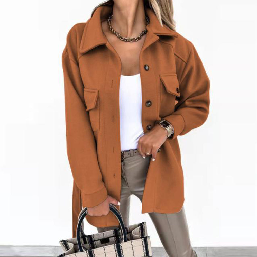 Street-Wave Belted Wool Coat for Women Elegant Summer Carrie Style with Front Pockets