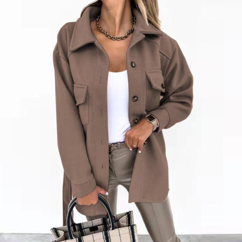 Street-Wave Belted Wool Coat for Women Elegant Summer Carrie Style with Front Pockets