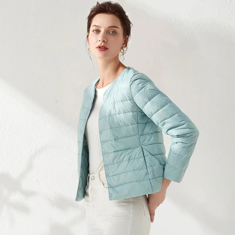 Street Wave Lightweight Collarless Womens Down Jacket Figure Flattering Puffer Coat For Women
